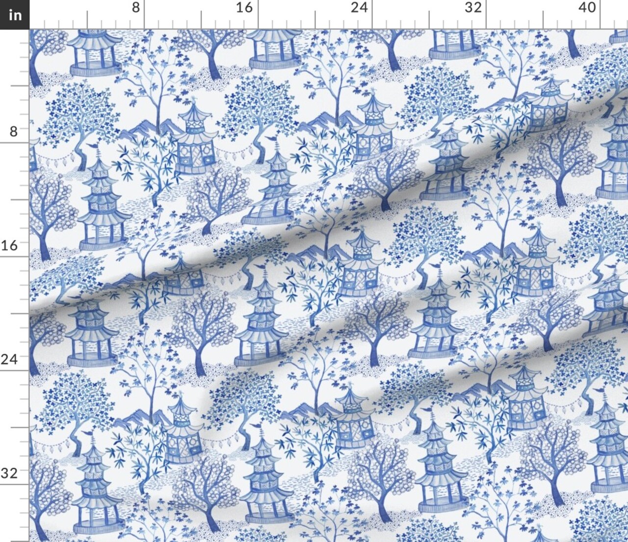 Chinoiserie Blue White Toile Pagoda Landscape And Asian Art Custom Printed Fabric by Spoonflower Various Fabrics by the Yard or Fat Quarter